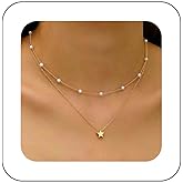 Vacaonio Boho Layered Necklace for Women Tiny Gold Star Pendant Necklace Pearl Chain Choker Necklaces Pearl Station Necklace Chain Jewelry 2PCS
