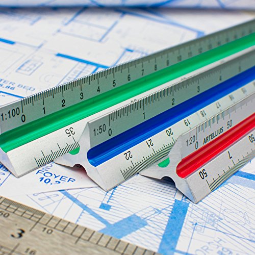 Artellius 12” Triangular Engineer Scale Ruler (PROFESSIONAL GRADE METAL) Color Coded Engineering Scale (Metric Measurements) FREE 12” METAL STANDARD RULER