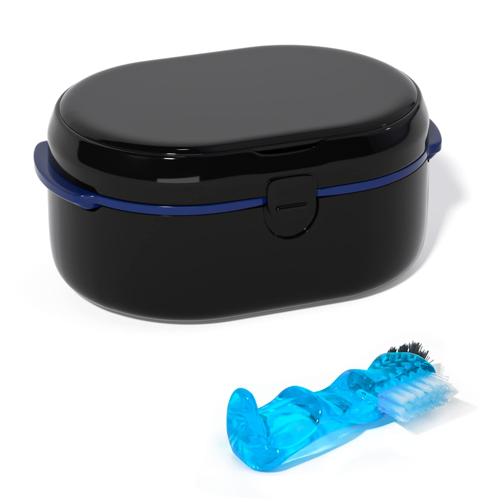 Denture Bath Box and Denture Brush Denture&Retainer Set, Denture Case with Mirror (Black)