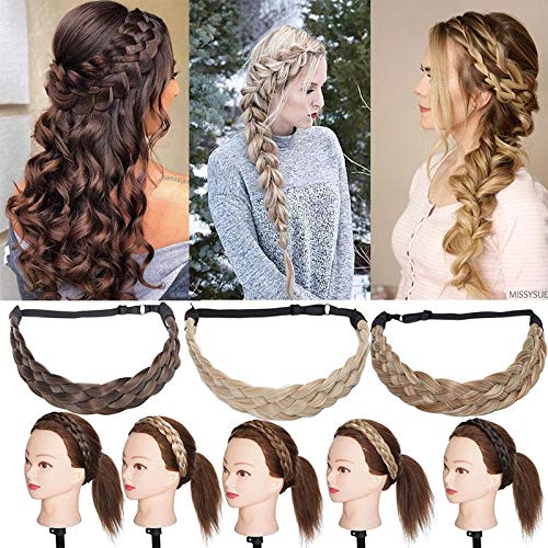 Headband Hair Braid Natural Looking Synthetic Hair Piece Extension Highlighted Plaited Braids Elastic Stretch Hairpiece Women Girl Beauty Accessory - Dark Brown