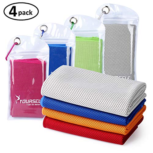 SYOURSELF 4 Pack Cooling Towels for Instant Relief – Cool Bowling Fitness Yoga Towel Set- 40″x12″ Use as Cooling Neck Headband Bandana Scarf,Stay Cool for Outdoor Sports (Mix-4pcs, 40″x12″)