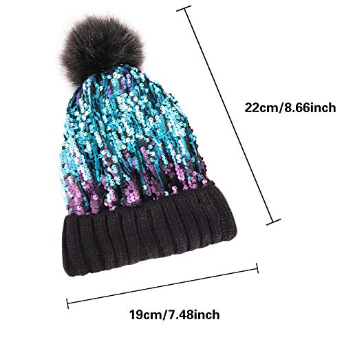 Homiton Women Sequin Knitted Beanie Hat with Faux Fur Pom-Pom Shiny Bling Skull Cap (Black)