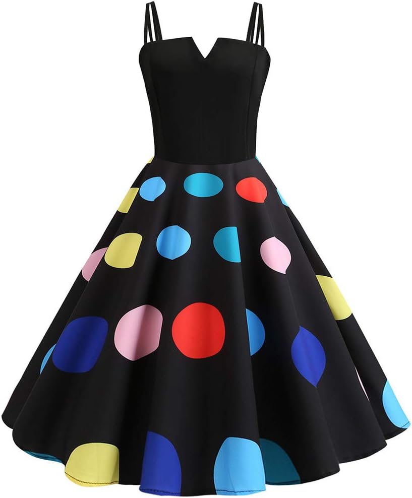 GOWOM Women 1950S Retro Short Sleeve V-Neck Printing Party Prom Swing Dress
