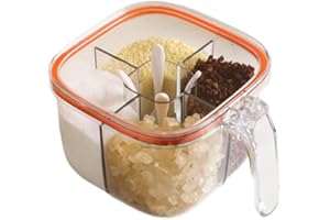 NAN WIND Clear Seasoning Box,4 Compartments Sealed Seasoning Box With Lid,Seasoning Box with Cover and Serving Spoons,Kitchen Condiment Jars,Plastic Seasoning Box Container Set to Storage Salt Pepper Powder