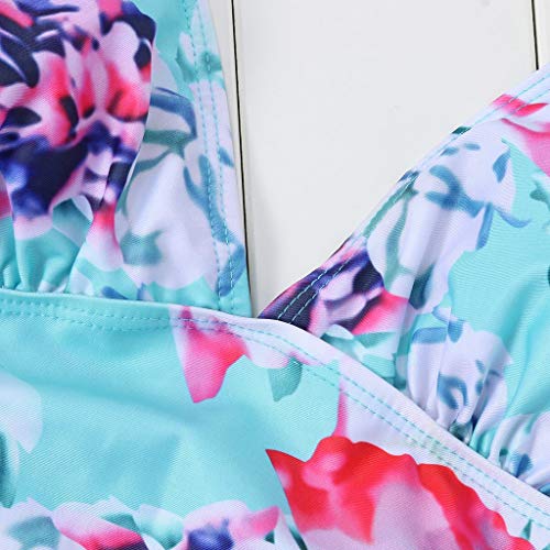 Women Halter Neck Swimsuit - Leadmall Maternity Tankini Push Up Backless Bikini Set - Floral Print Two Piece Swimwear (L, Blue) - Thumbnail 5