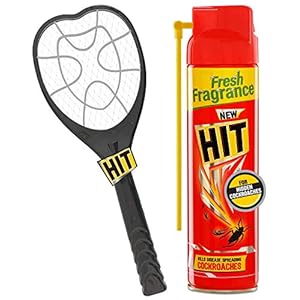 HIT Anti Mosquito Racquet – Rechargeable Insect Killer Bat with LED Light and Cockroach Killer Spray, 200ml Combo