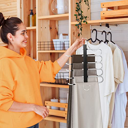 TAOPE Trouser Hangers Space Saving, 2 Pack Stainless Steel Hangers Pants Organizer, Non-Slip Closet Storage Organizer, 5 in 1 Scarf Holder for Skirts Jeans Scarves Belts Towels Ties Leggings - Black
