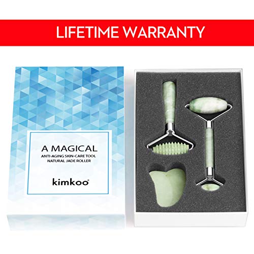 Kimkoo Jade Roller for Face-3 in 1 Kit with Gua Sha Massager Tool,100% Real Natural Jade Stone Facial Roller Anti Aging,Face Beauty Set for Eye Anti-wrinkle