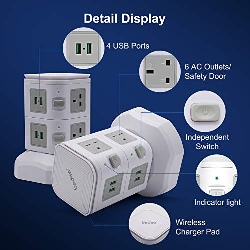 bedee Tower Extension Lead, Surge Protector Extension Lead with 4 USB Slots and 6 Outlet Plugs, Power Strip Tower with 10W Fast Wireless Charger, 6ft Extension Cable