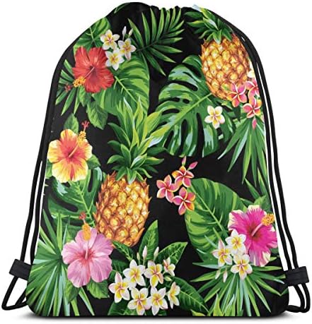 Tropical Summer Flower Pineapple Palm Tree Leaves Black Drawstring Bag for Boys and Girls Gym Bags 36 x 43cm/14.2 x 16.9 Inch