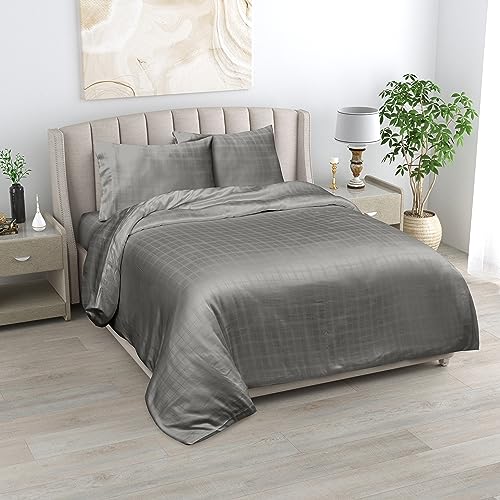 LINENWALAS 100% Natural Bamboo Designer Checks 3-Piece Duvet Cover Set With Zipper and Corner Ties- Softest Cool Bedding Perfect for Skincare (Emperor, Dark Grey) โ image 1