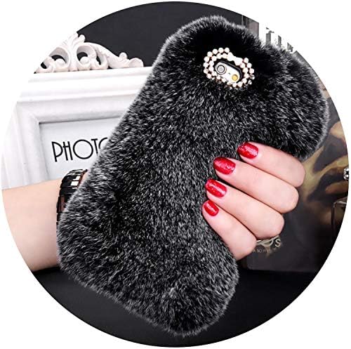 Luxury Rabbit Fur Case for iPhone 8 7 6 6S Plus SE 5 5S Cover Fashion Bling Diamond Winter Soft Furry Shell Plush Phone Cases,Black,for iPhone 8 Plus