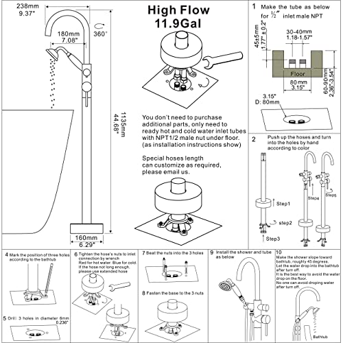 Freestanding Bathtub Faucet Tub Filler Brushed Nickel High Flow Rate 11