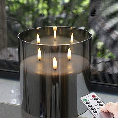 6X6'' Smoky Gray Glass Flameless Candle ,Warm White LED, Battery
