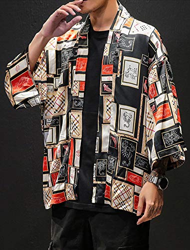 Hotmiss Men's Harajuku Fish Printed Cotton Blends Linen Kimono Cardigan Jackets 3XL (Red, Medium)