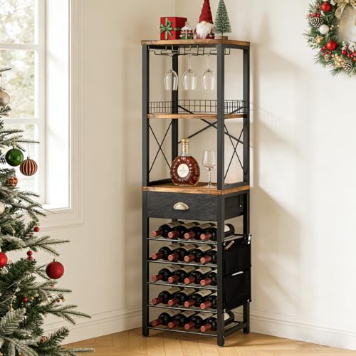 TENGTU Porta Botellas De Vino De 5 Capas para Botellas De Vino Y Licor, Rack De Almacenamiento con CajóN Y Portavasos, Medidas 30×40×148cm, FáCil De Montar para Cantina Bar Mueble para Casa
