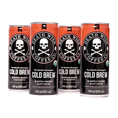 Death Wish Coffee, Cold Brew Cans, The World's Strongest Coffee, Organic Iced Coffee Drink - 8 Ounces - 300 mg of caffeine - 4 Pack (Slightly Sweetened Black) (Best Espresso Coffee In The World)