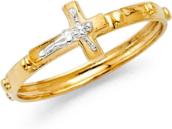 FB JEWELS14K Yellow And White Two Tone or White Gold Rosary Crucifix Cross Religious Eternity Anniversary Wedding Ring Band