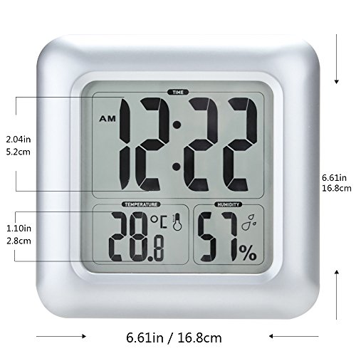BALDR Digital Bathroom Shower Clock, Waterproof for Water Spray, Large Display, Temperature, Humidity and Moisture, Thermometer & Hygrometer, Suction Cups, Wall Clock - Silver