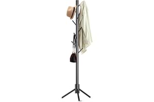 Aliphon Wooden Coat Rack Stand, Freestanding Coat Rack with 8 Hooks, 3 Adjustable Size Coat Tree for Hats, Coats, Scarves bags, Coat Hanger Stand Used in Bedroom/Office/Entryway (Black)