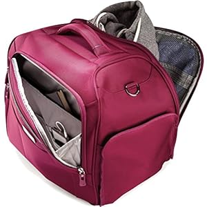 The boarding bag has a main compartment, an organizational front pocket and a small front pocket