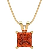 Clara Pucci 1 cttw Red Simulated Diamond Yellow Gold-Plated Silver Necklace and Pendant for Women (18" Box Chain,Princess Cut,5.5mm)