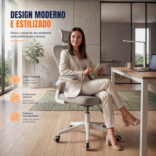 Cadeira Ergonômica Mesh Cinza Giratória Reclinável para Escritório e Home Office - Encosto em Tela, Apoio Lombar e Cabeça Ajustáveis, Braços Pivotantes, Rodízios Silenciosos