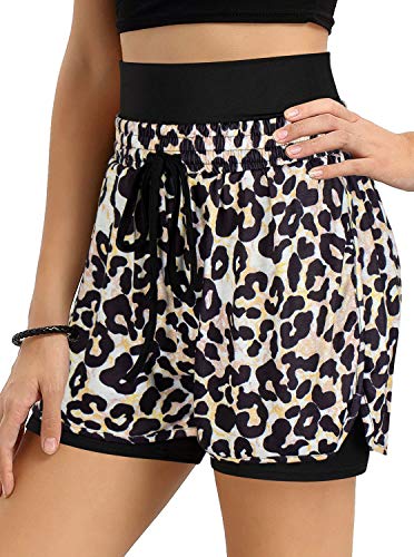 Pantalones cortos de yoga para correr NIMIN para mujer, pantalones cortos deportivos de entrenamiento 2 en 1 con estampado de camuflaje de leopardo de cintura alta con bolsillos S-2XL