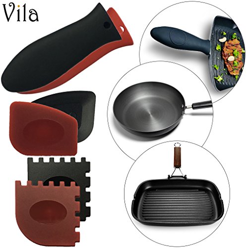 Pan Scraper --- 6-in-1 Pack Kitchen Solution - 100% Silicone Hot Handle Holders - Sticker & Gum Remover - Durable & Flexible Plastic Material - Fits Curved & Flat Corners - Multi Usage - Red & Black