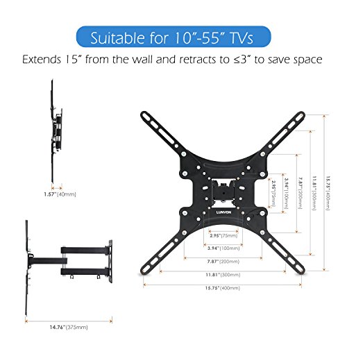 Lunvon TV Wall Mount for Most 13" 15" 17" 20" 22" 23" 24" 27" 30" 32" 38" 40" 42" 45" 48" 50" LED TVs & Screen Monitors Up to 66 LBS, Max VESA 400X400 with Full Motion Articulating Arm & Bubble Level - Thumbnail 2