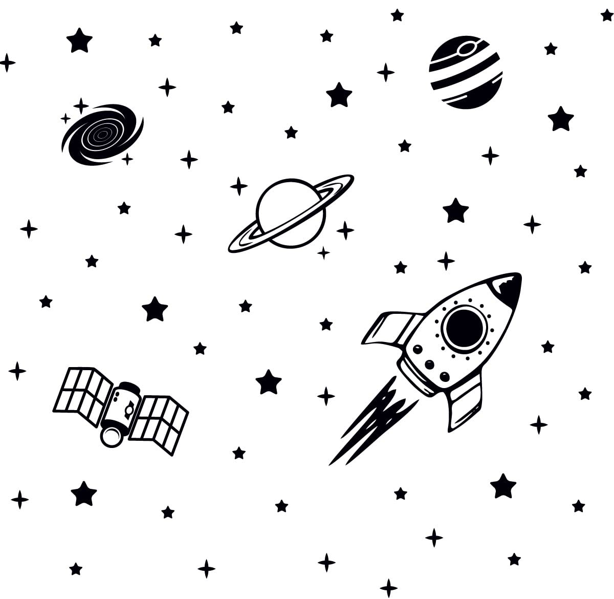 Space Ship, Planets, Satellite and Stars Wall Sticker, Kids Learning Room Decoration, Nursery Decal