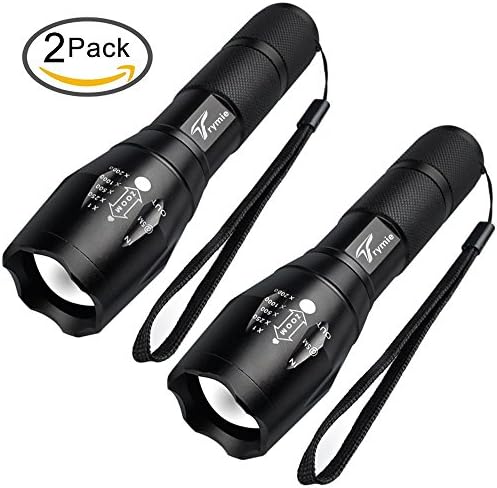 Trymie 2Pack XMLT6 LED 5 Modes 900 Lumen Bright Tactical Portable Waterproof Zoomable Adjustable Flashlight with Rechargeable 18650 Lithium Ion Battery Charger for Outdoors Home Emergency Gift-Giving