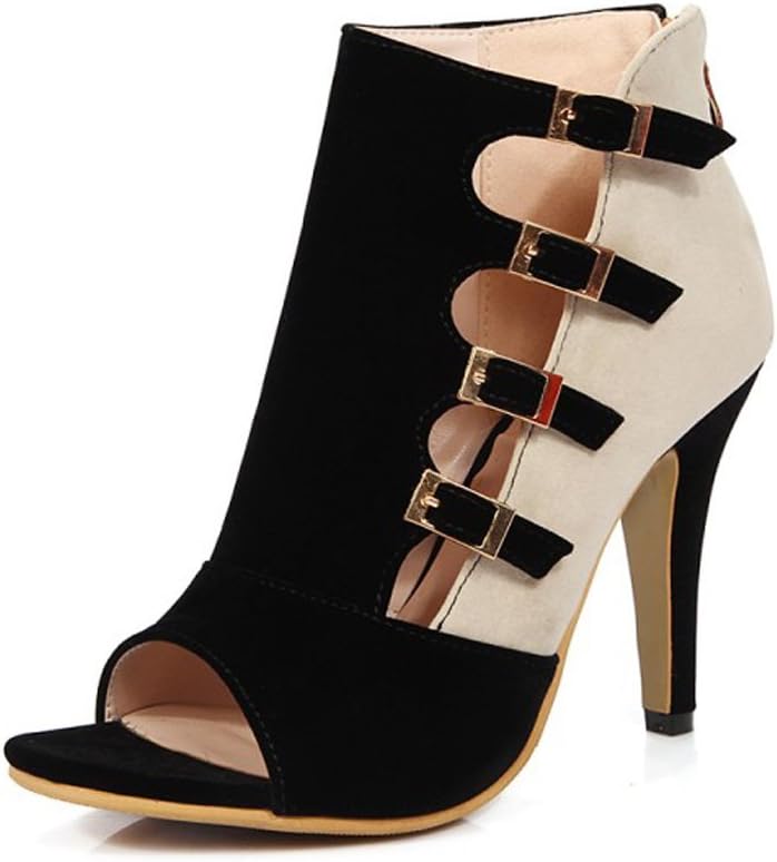 Milesline Women's Cutout Peep Toe Multi Buckle Heeled Ankle Boots