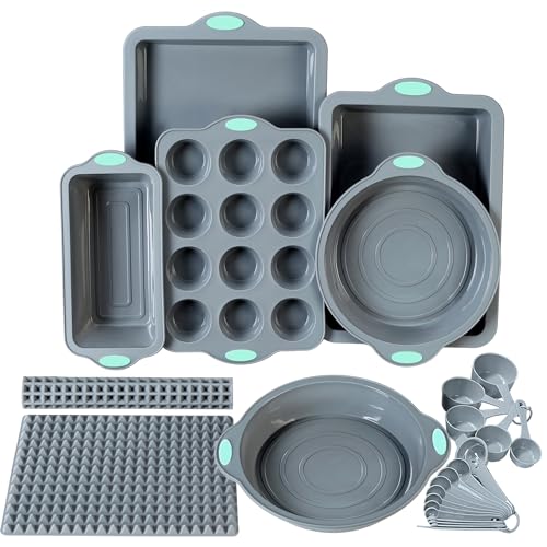 To encounter 8 in 1 Silicone Baking Set - 6 Cake Molds - 2 Silicone Baking Mat, Nonstick Cookie Sheet, Cake Muffin Bread Pan with Grips and Metal Reinforced Frame More Strength, Light Grey