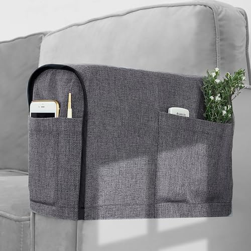 Photo 1 of Joywell Recliner Narrow Linen Armrest Covers for Living Room Anti-Slip Sofa Arm Protector for Dogs, Cats, Pets Armchair Slipcover for Couch with 4 Pockets for TV Remote Control, Phone, Set of 2, Gray