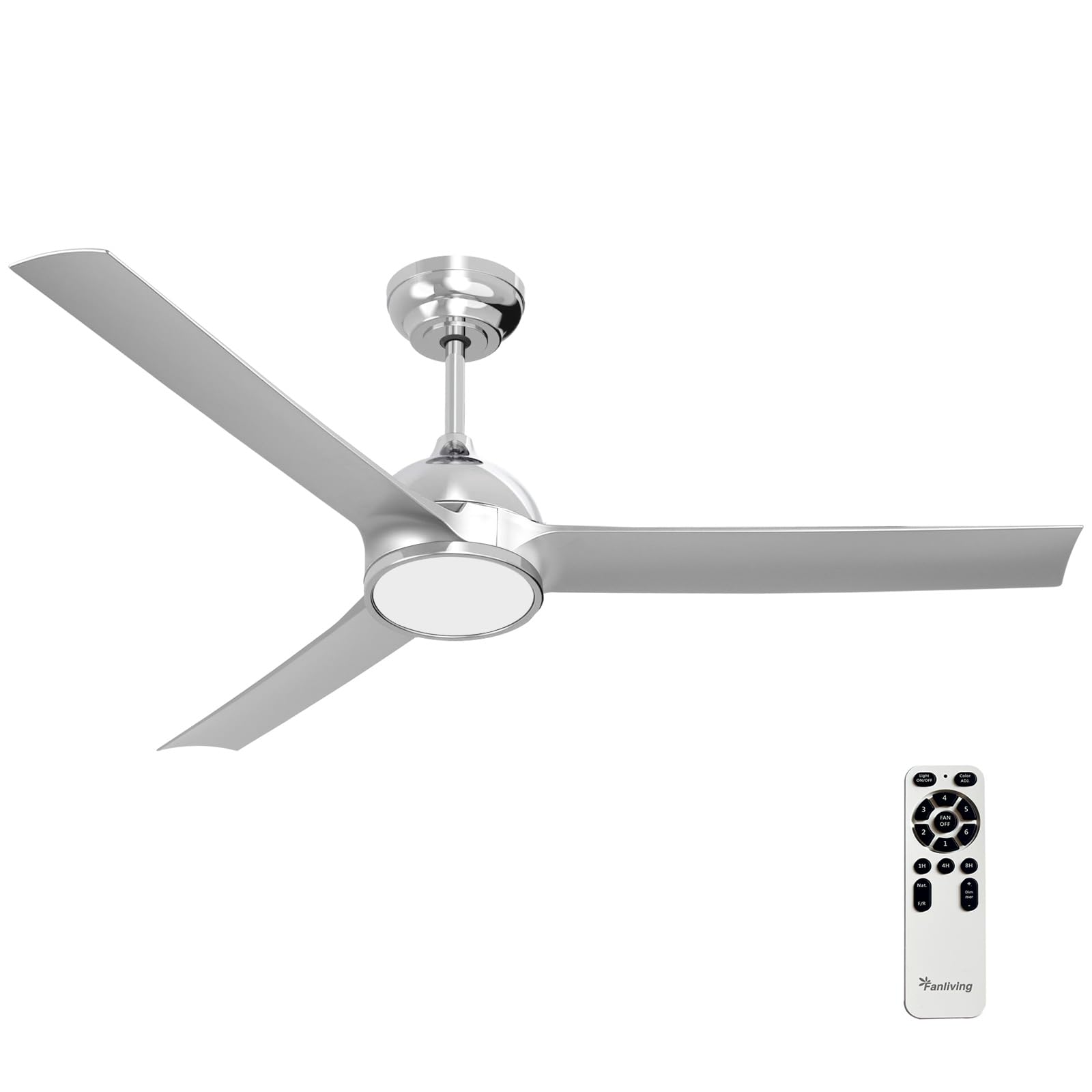 Fanliving 52 Inch Modern Silver Ceiling Fan with Lights Remote Control, Quiet DC Motor/Dimmable 3 Color LED/6 Speed High CFM/3 Blade Indoor Ceiling Fans for Bedroom/Living Room