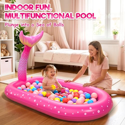 Inflatable Paddling Pool for Kids, Splash Pad for Kids, 3 in 1 Mermaid Pattern Kids Pool Inflatables, Thickened Material with Water Pipe, Backyard Summer Water Toys for Boys and Girls Age 1+