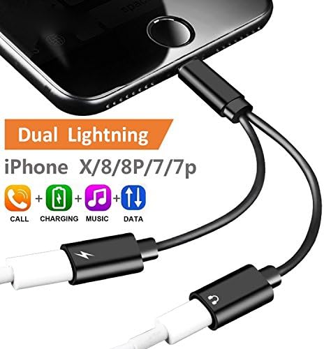 2-in-1 Lightning Splitter Adapter for iPhone 7 / 8 / X / 7 plus / 8 plus, Double lightning ports for dual Lightning Headphone Audio and Charge Adapter. (Compatible IOS 10.3, IOS 11 and Later)-Black