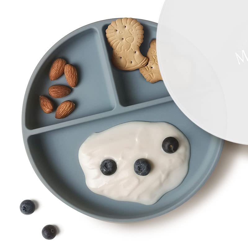 Moonkie Suction Plates for Babies & Toddlers | BPA-Free Weaning Plate with Lid | Silicone Divided Plate | Microwave and Dishwasher Safe - 1 Pack (Ether)