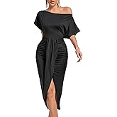 LYANER Women's One Off The Shoulder Ruched Wrap Front Split Hem Draped Party Midi Dress