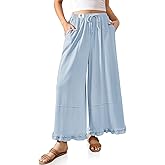TARSE Womens Linen Palazzo Pants Ruffle Wide Leg Cropped Flowy Drawstring Casual Loose Summer Beach with Pockets