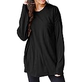 Wihion Women Oversized Long Sleeve T-Shirts Cotton Casual Crewneck Solid Tunic Tops with Pocket