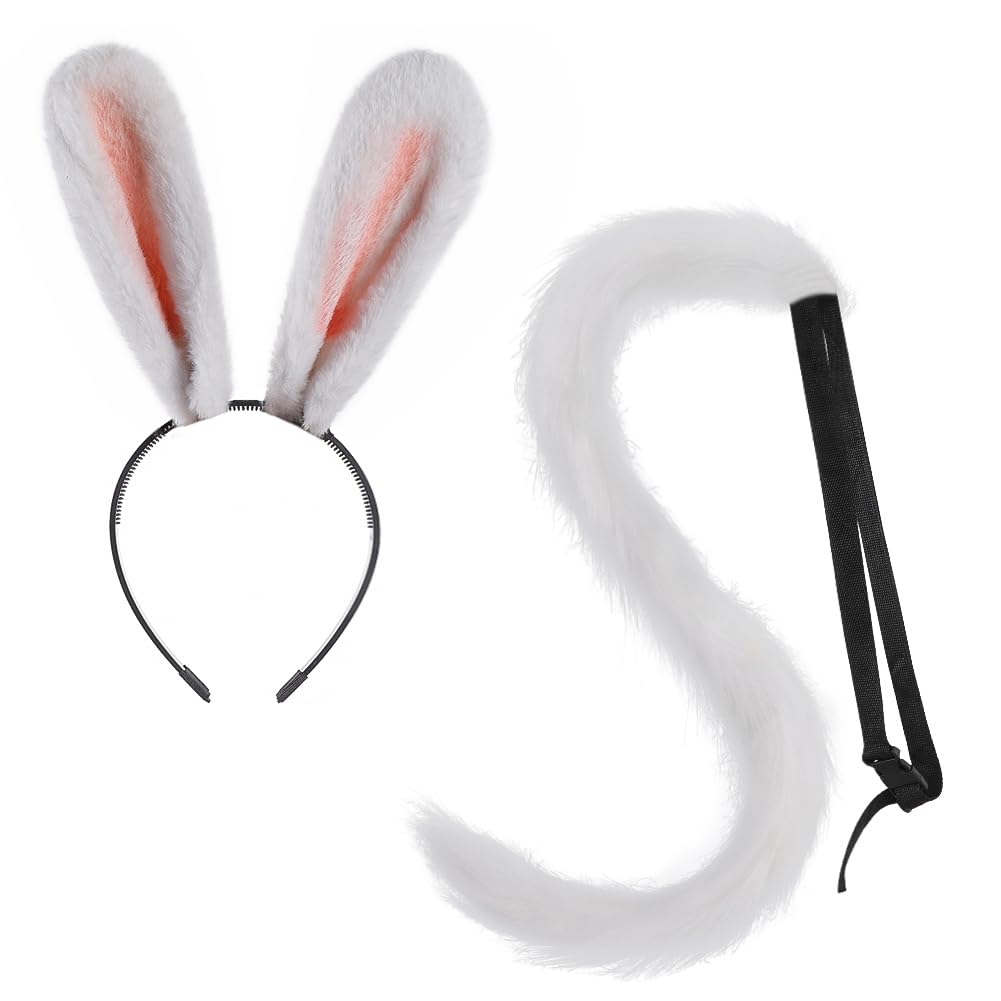 XGOPTS Women Bunny Ears and Tail Costume Set, 2Pcs Cute Plush Rabbit Headband and Tail Adult Fancy Dress Bunny Costume Accessory for Halloween Easter Christmas Animal Cosplay Theme Party