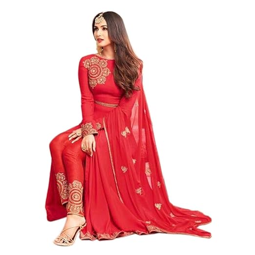Womens Embroidered Georgette Indian Salwar Suit (YF-7, Red)