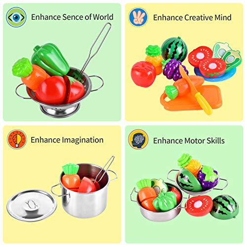 BGdoyz Kitchen Pretend Play Toys with Stainless Steel Cookware Pots and Pans Set, Cooking Utensils, Apron & Sleeve, Cutting Vegetables for Kids, Boys, Girls and Toddler Gifts Educational Learning Tool