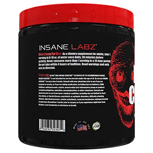 Insane Labz Insane Creatine Monohydrate Powder - Unflavored, Pre Workout, Post Workout, Strength Size Power, 60 Servings