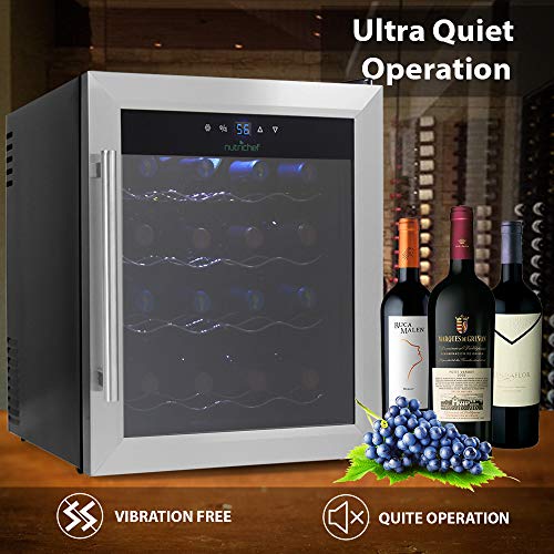 NutriChef PKTEWC16 16 Bottle Thermoelectric Cooler/Chiller | Counter Top Red and White Wine Cellar | FreeStanding Refrigerator, Quiet Operation Fridge | Stainless Steel