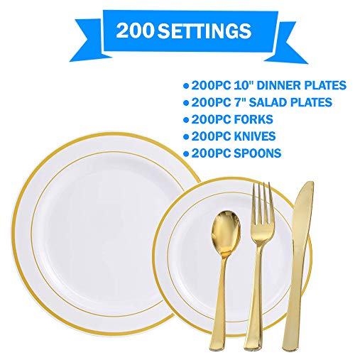 Gold Splendor 1000 Piece Pack Premium Plastic Plates and Cutlery Set for 200 Guests – 200pc 10” Dinner, 200pc 7” Salad… - Image 3