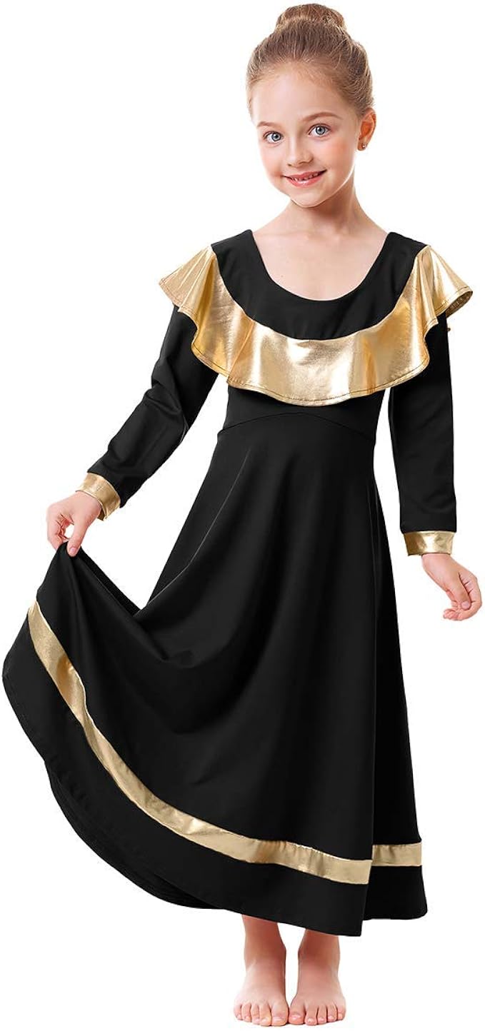 IBAKOM Girls Ruffle Praise Dance Robe Liturgical Worship Metallic Gold