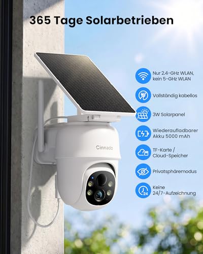 Cinnado Outdoor Surveillance Camera Battery Solar - 2K Wireless Camera Surveillance Outdoor 360° PTZ 2.4 GHz WiFi Outdoor Camera with Solar Panel, PIR Motion Sensor IP65, Colour Night Vision, 2-Way